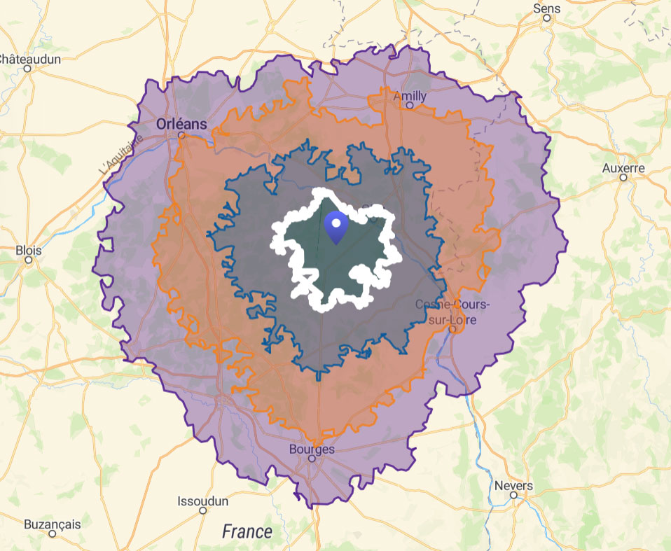 Carte géographique montrant les zones de tarif